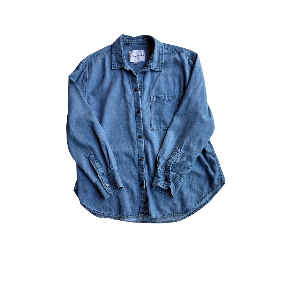 Lola River Womens XL Blue Denim Snap Button Down Shirt Long Sleeve Cotton Top